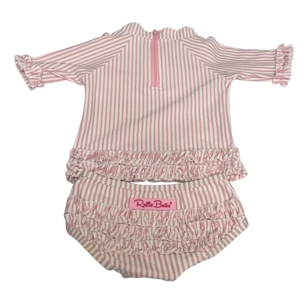 RuffleButts Baby Girls Pink Seersucker Striped‎ Rash Guard Swimsuit Set 6-12M